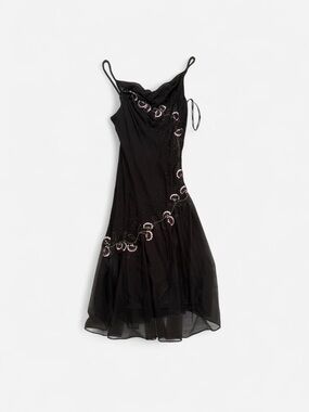 Xscape Black Slip Midi Dress with Beaded Floral Accents